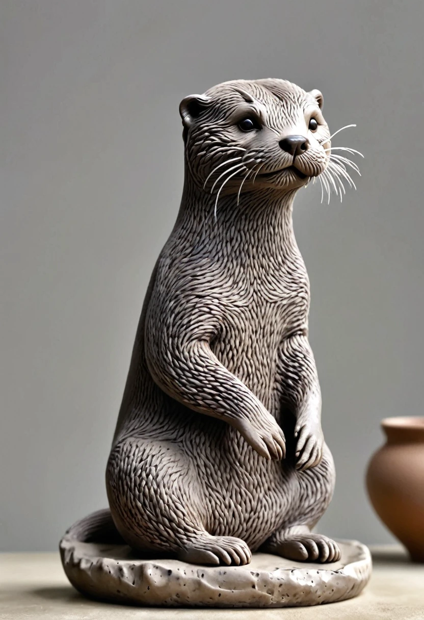 (best quality:1.2),ultra-light Clay, Clay, Pottery, Rough knitted texture, distressed, dirty, mineral pigments, 3D Clay sculpture art, Clay sculpture, Rough surface, (artwork,An Otter,concept art,)
