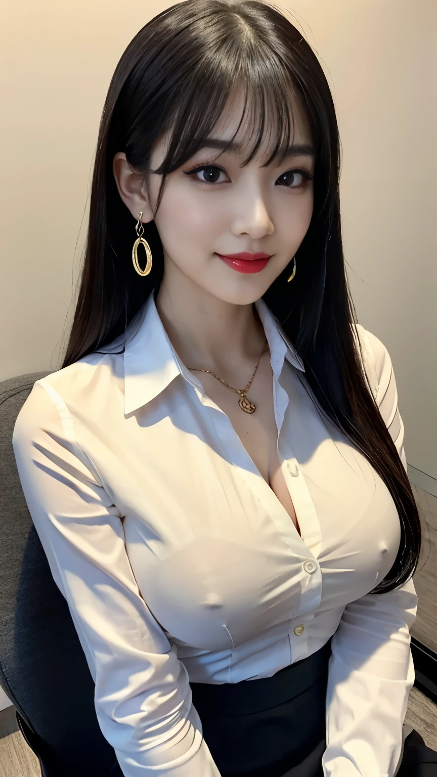 best quality、ultra-detailed、thin, 4k、Japanese、Seductive beauty、seductive adult woman、Villainess、Brainwashed、smirk、Evil look、Wicked Smile、evil、skinny long eyelashes, black long hair、swept bangs、dark makeup、dark makeup、Eyeshadow、red lipstick、assistant、uniform skirt、White Shirt、flare skirt、inside office、model, very large breasts, busty, tight shirt bursting at seams tucked in, cleavage, tight white shirt tucked in, thin, smiling, cleavage cleavage cleavage, white shirt unbuttoned, deep cleavage, black pantyhose, pendant, earrings, black bra, Secretary, office lady, very very tight shirt, very skinny, thin, seductive, uniform skirt, high heels, crossed legs, looking down at viewer, powerful, young, 22 years old