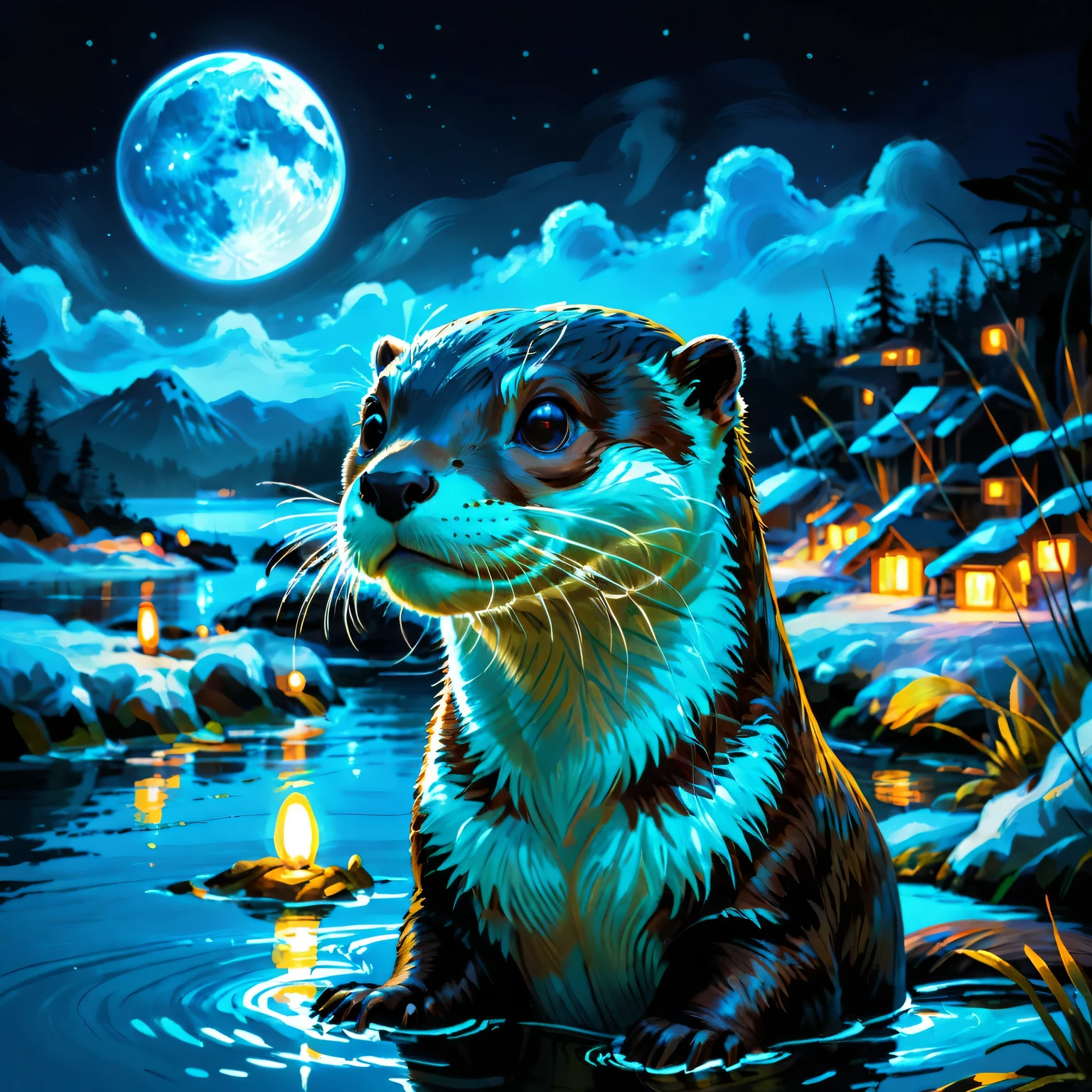 1 glowing otter. (Digital art of transparent otter painted with blacklight responsive light blue paint: 1.3, 3D, octane rendering, blacklit background), UV blacklight: 1.3, luminous, neon colour: 1.3, Otter glowing eyes, night, dark atmosphere, waterfront, moon, detailed Otter, dark fantasy, intricate details