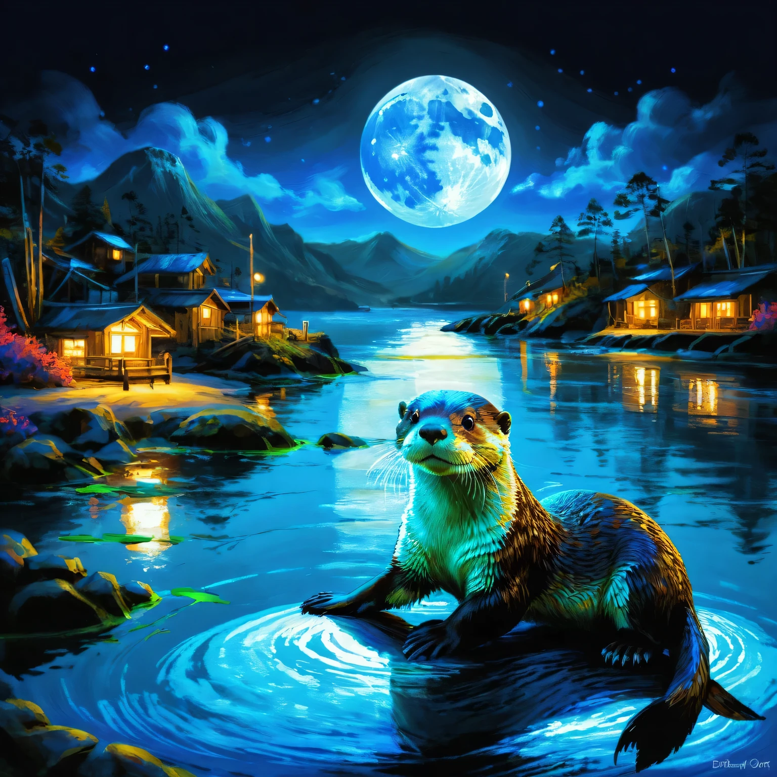 1 glowing otter. (Digital art of transparent otter painted with blacklight responsive light blue paint: 1.3, 3D, octane rendering, blacklit background), UV blacklight: 1.3, luminous, neon colour: 1.3, Otter glowing eyes, night, dark atmosphere, waterfront, moon, detailed Otter, dark fantasy, intricate details