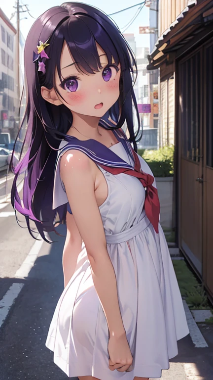 masterpiece、highest quality、Very detailed、Photograph the upper body、1 female、(Arms behind your back:1.4)、Are standing、Turn your body forward、View your viewers、(Sailor dress)、blush、shy、Purple Hair、Open your mouth、School corridor、Big Breasts、