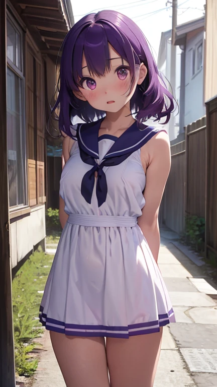 masterpiece、highest quality、Very detailed、Photograph the upper body、1 female、(Arms behind your back:1.4)、Are standing、Turn your body forward、View your viewers、(Sailor dress)、blush、shy、Purple Hair、Open your mouth、School corridor、Big Breasts、