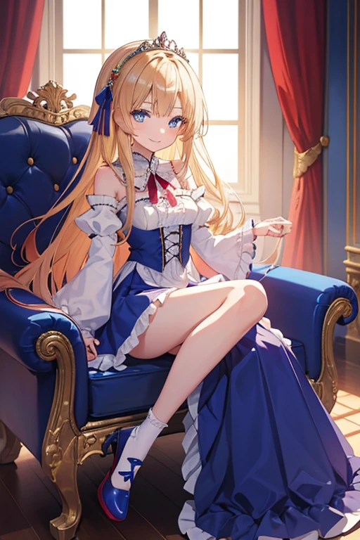 masterpiece, highest quality, High resolution, 、blue eyes、
blonde,  Vulgar smile、Long Hair、Crimson frill dress, Clothes with puffy shoulders、flare skirt、Long skirt covering the legs、Tiara on head、royal palace、Sitting on the throne