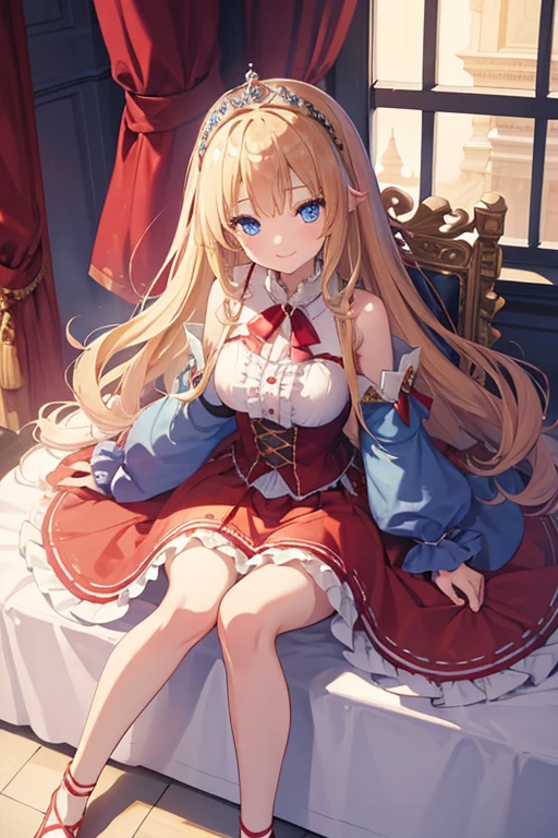 masterpiece, highest quality, High resolution, 15-year-old girl、blue eyes、
blonde, Vulgar smile、Long Hair、Crimson frill dress, Clothes with puffy shoulders、flare skirt、Long skirt covering the legs、Tiara on head、royal palace、Sitting on the throne