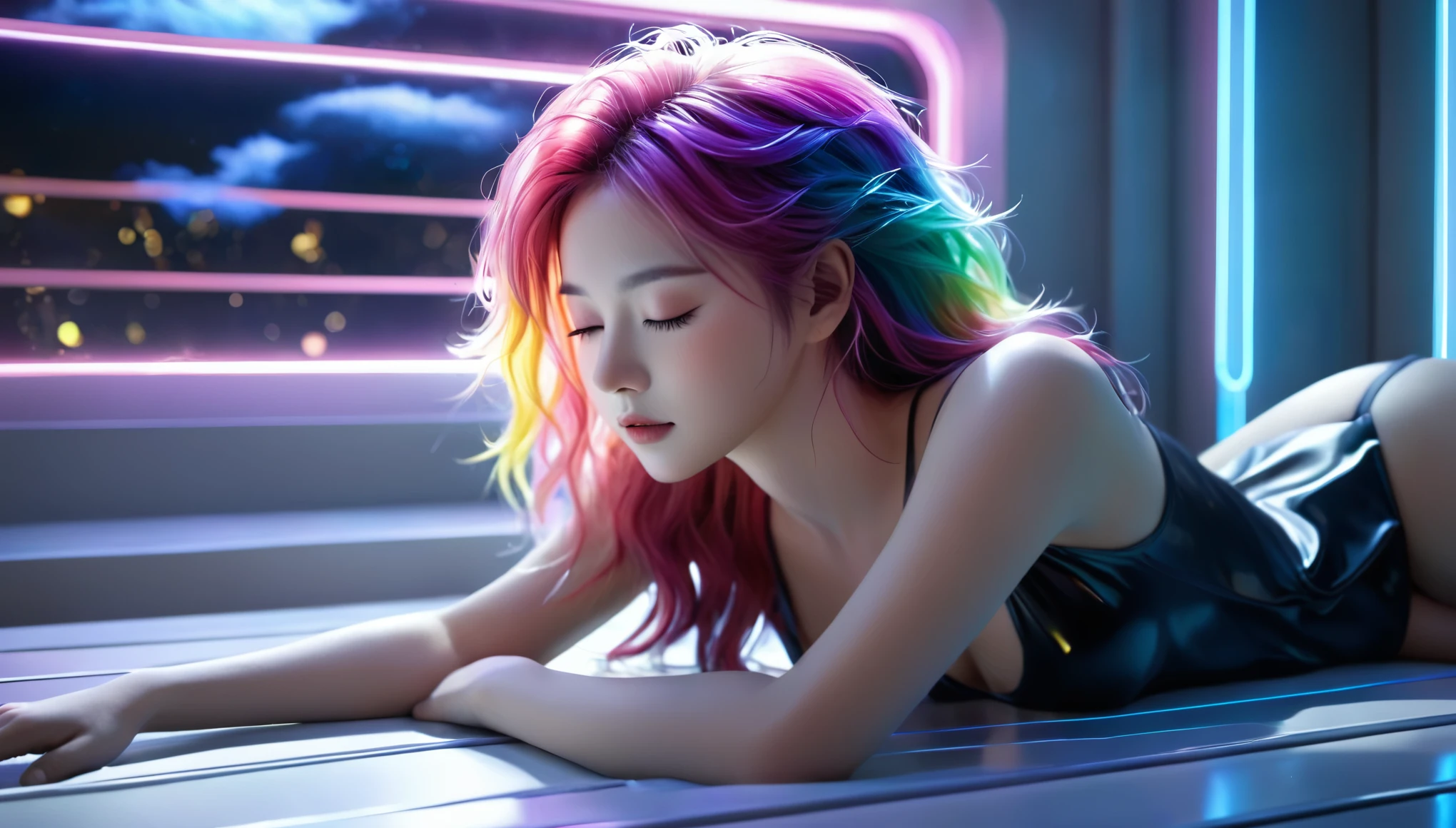 (best quality,8k,ultra-detailed:1.2),(CG,CG art,3D rendering),(masterpiece:1.2),(Crawling on the table),(Sexy clothing),(movie lighting,futuristic),(woman lying in bed,sleeping,closed eyes),(large window behind her,tranquil night),(colorful hair:1.5)