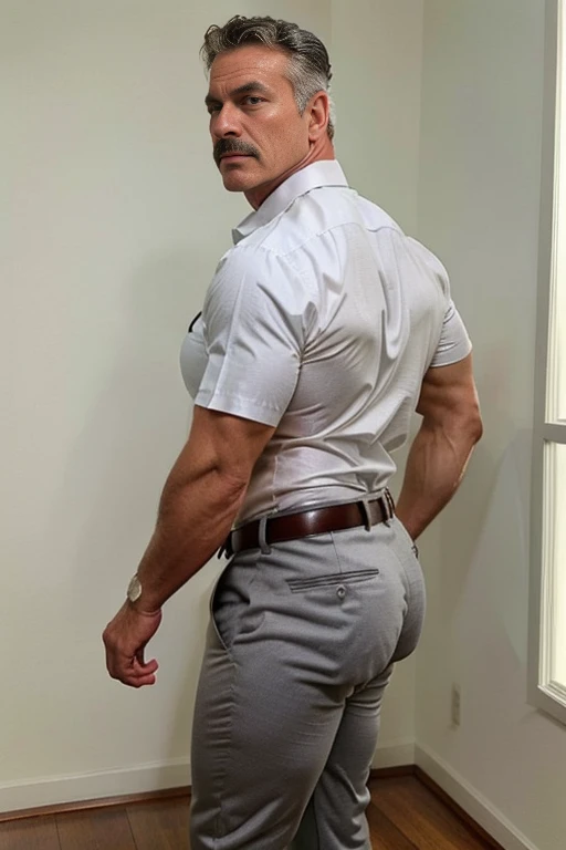 age 60, white man police detective with a mature, backside, kind demeanor, strong and muscular yet chubby build, mustache, wearing dress pants and a buttoned-open translucent shirt that reveals a hairy chest and a noticeable bulge, wearing detective badge on belt, giving off a hint of a horny yet disgusting aura, completing the look with comfortable loafers. Shirtless backside big butt gray trouser bent