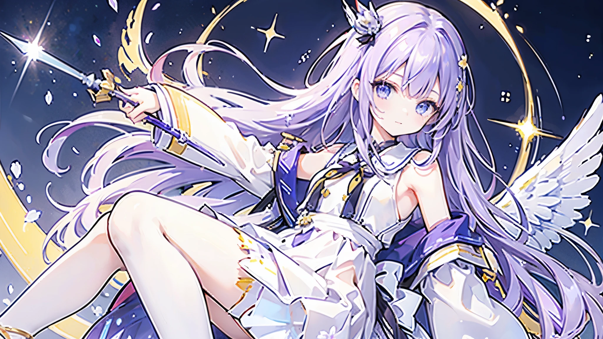 ((Top Quality)), ((Masterpiece)), (Details), Perfect Face,1 girl,solo,HMS Javelin(Azur Lane),yellow little crown,A purple ribbon mixed with a little white,long hair,purple hair,has a long sacred spear,rainbow-colored bangles,light smile,lunar surface background,small breasts,blue eyes,Only one side has wings,small,female,It shows the whole body