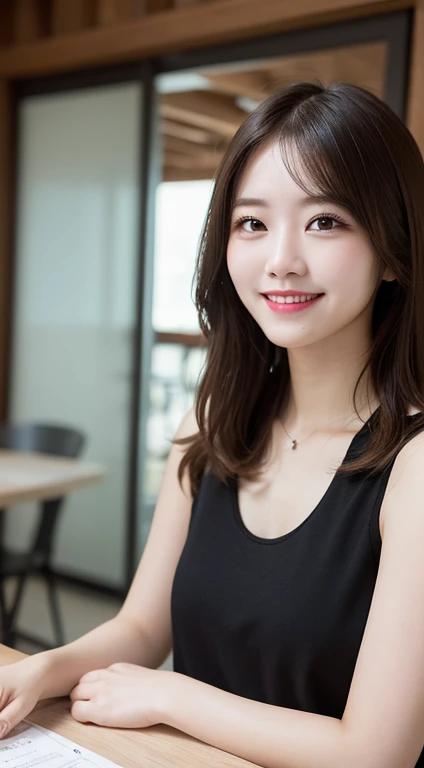 Tabletop, highest quality, shape, Very detailed, In detail, High resolution, 8k wallpaper, Perfect dynamic composition, Beautiful details, White tank top,Medium Hair, Center of chest,Natural color lip,Random,smile,Chapel,20-year-old girl