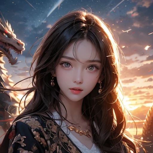 Dragon and Beautiful Girl、run through the sky、perfect face, 8k, photographic image