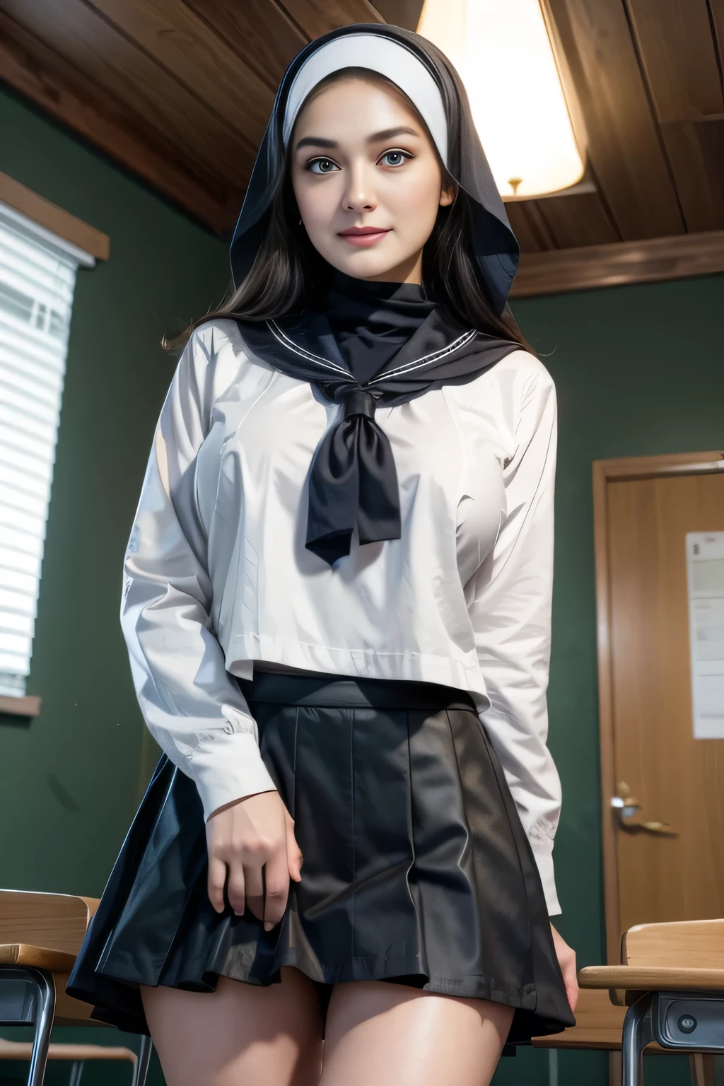 Beautiful, cute baby Face, 18 Years old Luna Maya with hijab, cute face,super detailed face,detailed hand,beautiful skin,oily skin,big eyes,profeccional lighting,brown beautiful eyes, big smile,standing, (skirt lift:1.2),big breasts, (sailor suit),(checked skirt), panties, black high socks, spread legs, she is looking at the camera,classroom, from below,