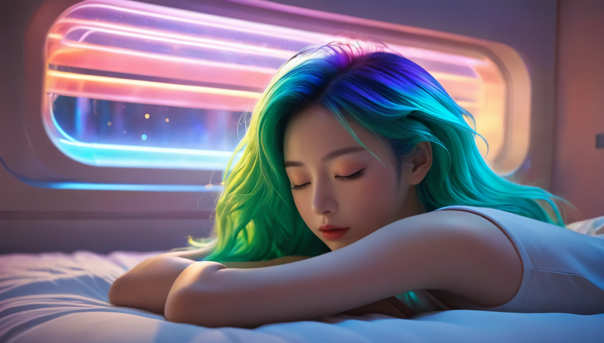 (best quality,8k,ultra-detailed:1.2),(CG,CG art,3D rendering),(masterpiece:1.2),(Crawling on the table),(Sexy clothing),(movie lighting,futuristic),(woman lying in bed,sleeping,closed eyes),(large window behind her,tranquil night),(colorful hair:1.5)
