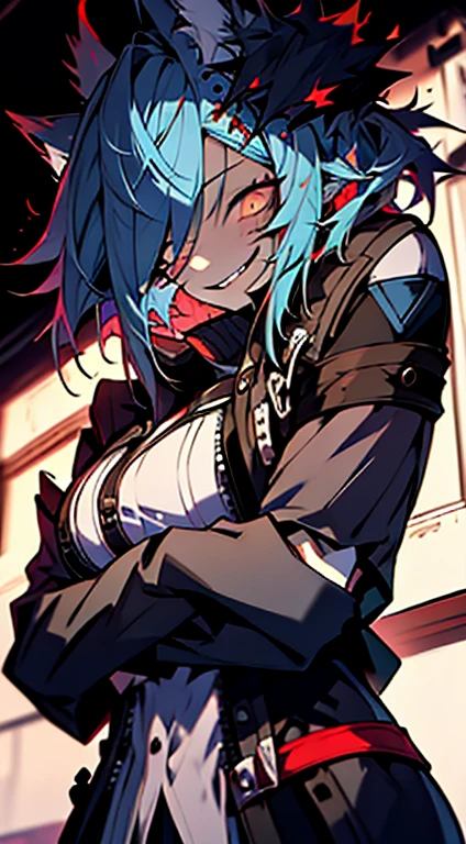 1girl, short_rebellious_hairblue_hair, hair tips to the side, scary_eyes, short_hair, scary_smile, Evil smile_sharp_wild teeth, soulless_black_eyes, looking_at_vi ewer, holding, shirt, pant, animal_ears, blue_ ears, wolf_woman, blue_tail, body_perfect, Milf_body, female_body_muscular, scar_on_thighs, scar_on_the abdomen,assassin's creed:hunter_outfit_black
