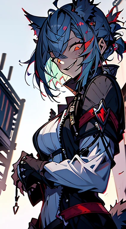 1girl, short_rebellious_hairblue_hair, hair tips to the side, scary_eyes, short_hair, scary_smile, Evil smile_sharp_wild teeth, soulless_black_eyes, looking_at_vi ewer, holding, shirt, pant, animal_ears, blue_ ears, wolf_woman, blue_tail, body_perfect, Milf_body, female_body_muscular, scar_on_thighs, scar_on_the abdomen,assassin's creed:hunter_outfit_black