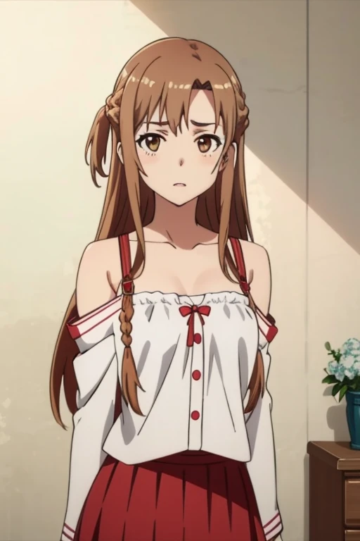 (masterpiece, highest quality), Intricate details, One girl, Yuuki Asuna, KizukiAi, Brown Hair, Brown eyes, Medium chest, Long Hair, Braiding, Red Skirt, Red strap,Ahegao,underwear