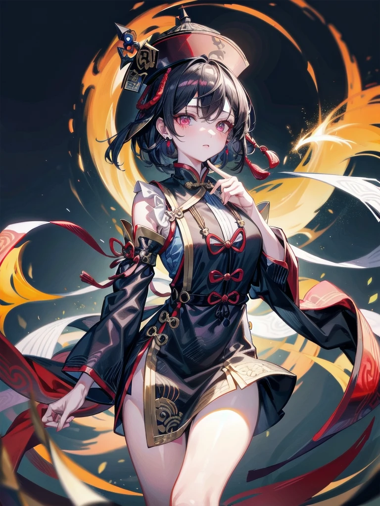 cemetery, dress, braid, chinese clothes, headwear, ofuda, jiangshi, qing guanmao, absurdres, RAW photo, extremely delicate and beautiful, masterpiece, Best Quality, ultra high resolution, 32k, hyperrealistic, ultra-detailed, detailed description, pale skin, 20 years old, tearful mole, earring, Colossal tits, short medium hair, wavy hair, whole body shot,