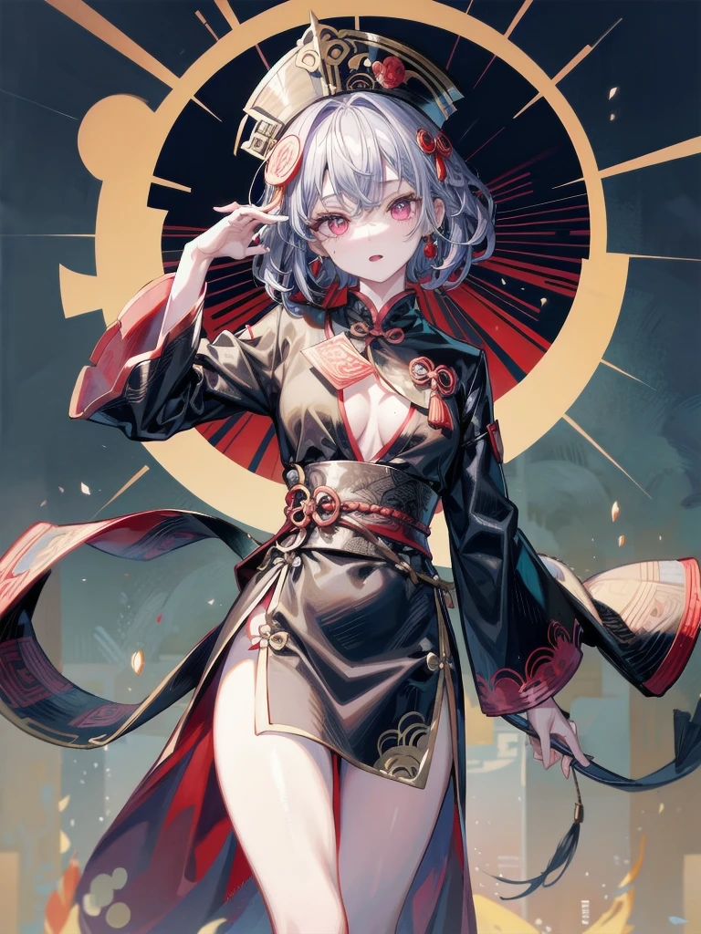 cemetery, dress, braid, chinese clothes, headwear, ofuda, jiangshi, qing guanmao, absurdres, RAW photo, extremely delicate and beautiful, masterpiece, Best Quality, ultra high resolution, 32k, hyperrealistic, ultra-detailed, detailed description, pale skin, 20 years old, tearful mole, earring, Colossal tits, short medium hair, wavy hair, whole body shot,