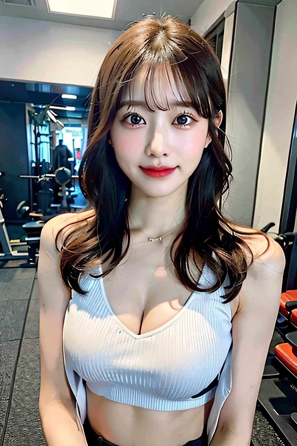 ((highest quality、8k、masterpiece:1.3))、One Girl、Beautiful woman with slim abdominal muscles:1.3、(Short Bob、Huge boobs:1.2、At the gym、Power Rack)、Training wear:1.1、interior、Super detailed face、Delicate eyes、double eyelid、Soft Breasts、Laughter、Exposed cleavage,strength training、Abdominal muscles、belly button