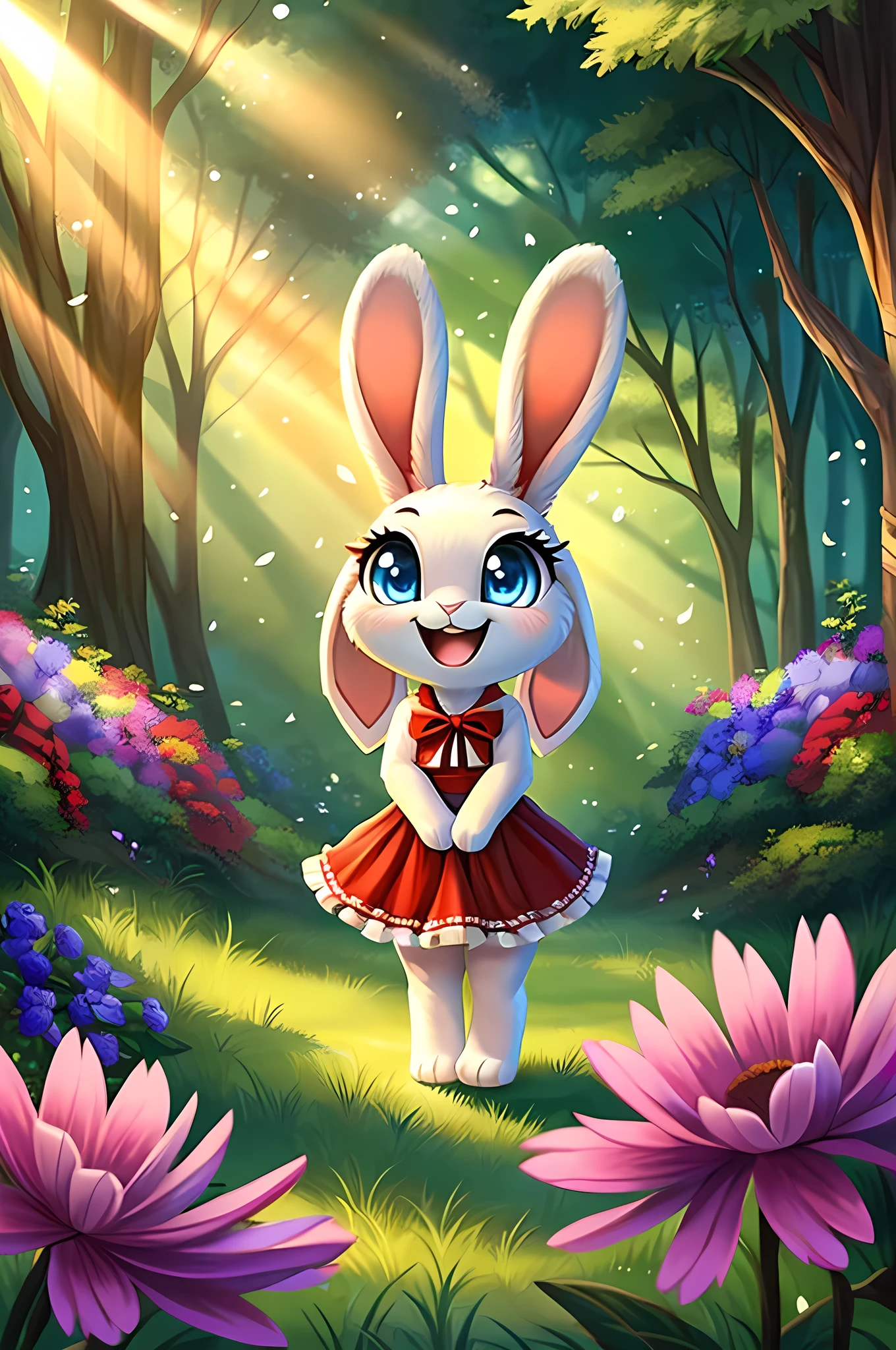 zoomed out image, ((solo character)), cute style art, fantasy style art, cute, adorable, short character, small, tiny little fluffy female white bunny with blue eyes, 4 ears, 2 extra ears, big floppy ears, long ears, ears perked up, raised ears, long eyelashes, poofy rabbit tail, wearing a red frilly ribbon dress, smiling, standing in a thick green forest, realistic forest, soft tones, big expressive smile, open mouth, wide eyes, excited eyes, excited face, looking at the scenery, looking at the trees in wonder, exploring happily, stunning visuals, sunlight coming through the trees, flowers scattered in the bushes, butterflies in the air, digital illustration
