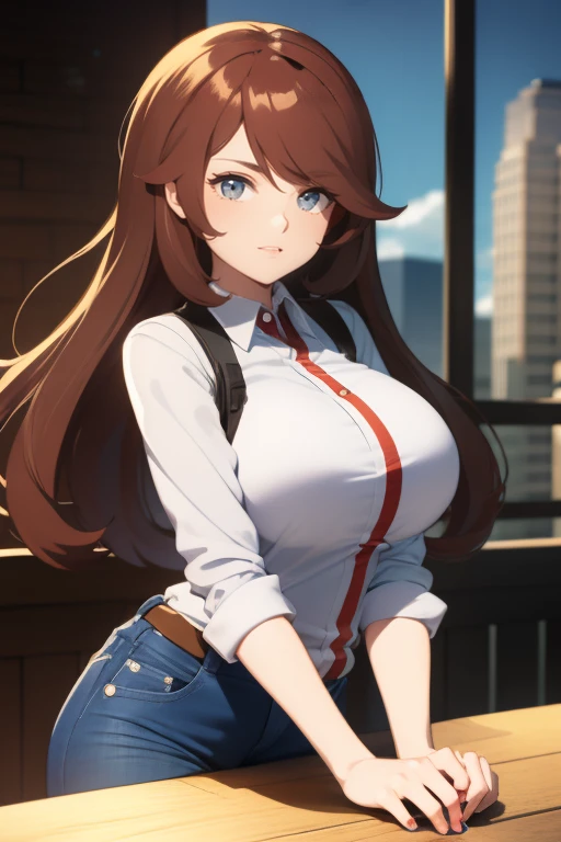 ((In the style of Pokémon)), (Masterpiece, Best quality), ( Detailed Face + multicolored eyes ), brown eyes, red hair, long hair, white blouse, blue jeans, big breasts, big smile, city background