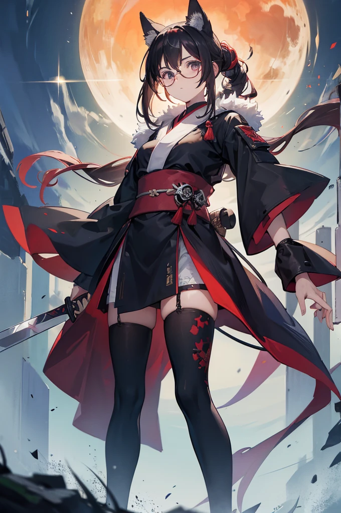 One male werewolf, vermilion fur, BREAK (mini character: 1.5), wearing black glasses, BREAK, wearing Japanese clothes, imposing, in the center, full body cut, high quality, over quality, very detailed, sword hanging at the waist, deep, masterpiece