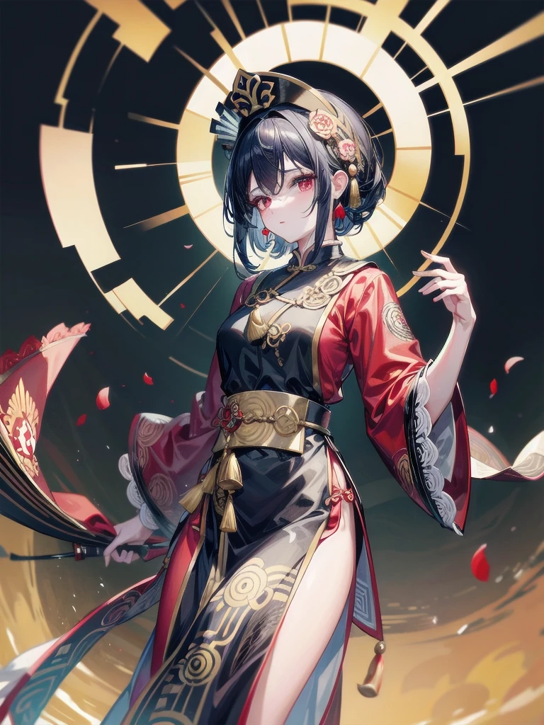 cemetery, dress, braid, chinese clothes, headwear, ofuda, jiangshi, qing guanmao, absurdres, RAW photo, extremely delicate and beautiful, masterpiece, Best Quality, ultra high resolution, 32k, hyperrealistic, ultra-detailed, detailed description, pale skin, 20 years old, tearful mole, earring, Colossal tits, short medium hair, wavy hair, whole body shot,