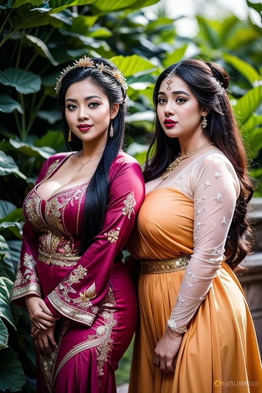 2girl, two beautiful Malay bride, purplekebaya dress, long straight hairs with ornaments, heavy make up, red lipstick, curvy body, thick tighs, hourglass figure, large , absolute cleavage, natural skins, flower garden background, bokeh, realistic, hd