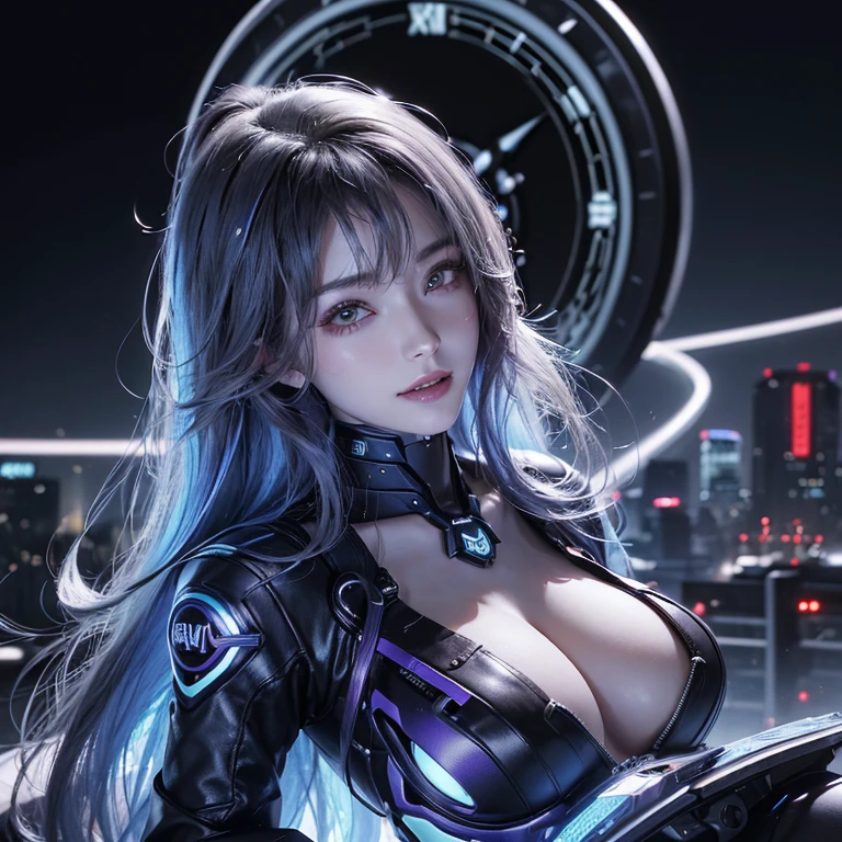 Ride in a time machine 、Hair flow、 ((highest quality、masterpiece、8k、Best image quality、Ultra-high resolution、Award-winning works)、(Accurate anatomy:1.1)、(Look at me and smile:1.1)、Shining fair skin with Ultra-high resolution、The most detailed face、Ultra-high resolution detailed face、Ultra-high resolutionの髪の毛、(Ultra-high resolutionの煌めく瞳:1.1)、Beautiful face drawn in every detail、Cyberpunk clothing, Chest to chest, big floating clock