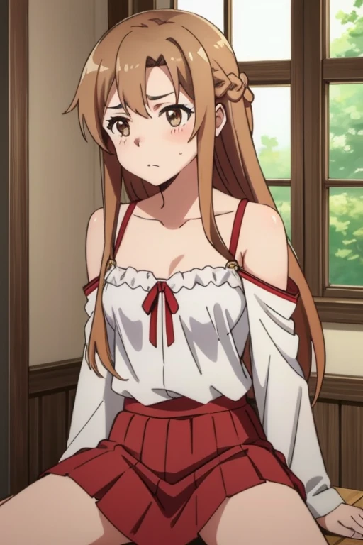 (masterpiece, highest quality), Intricate details, One girl, Yuuki Asuna, KizukiAi, Brown Hair, Brown eyes, Medium chest, Long Hair, Braiding, Red Skirt,Embarrassed,White underwear