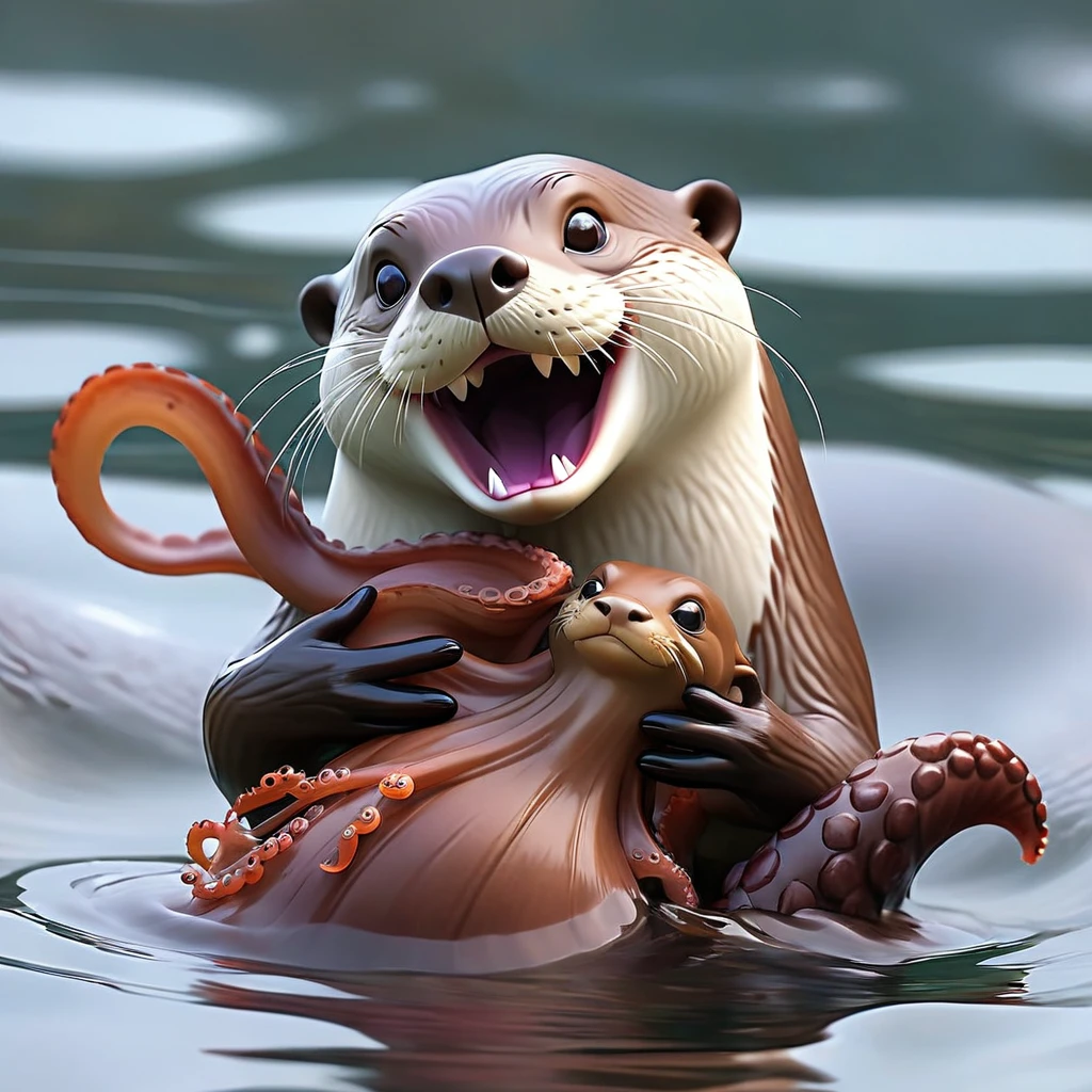 An otter floats on its back, it has caught an octopus and is playing with and eating it