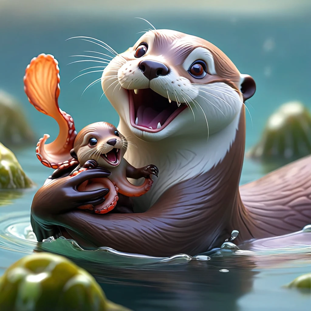 An otter floats on its back, it has caught an octopus and is playing with and eating it