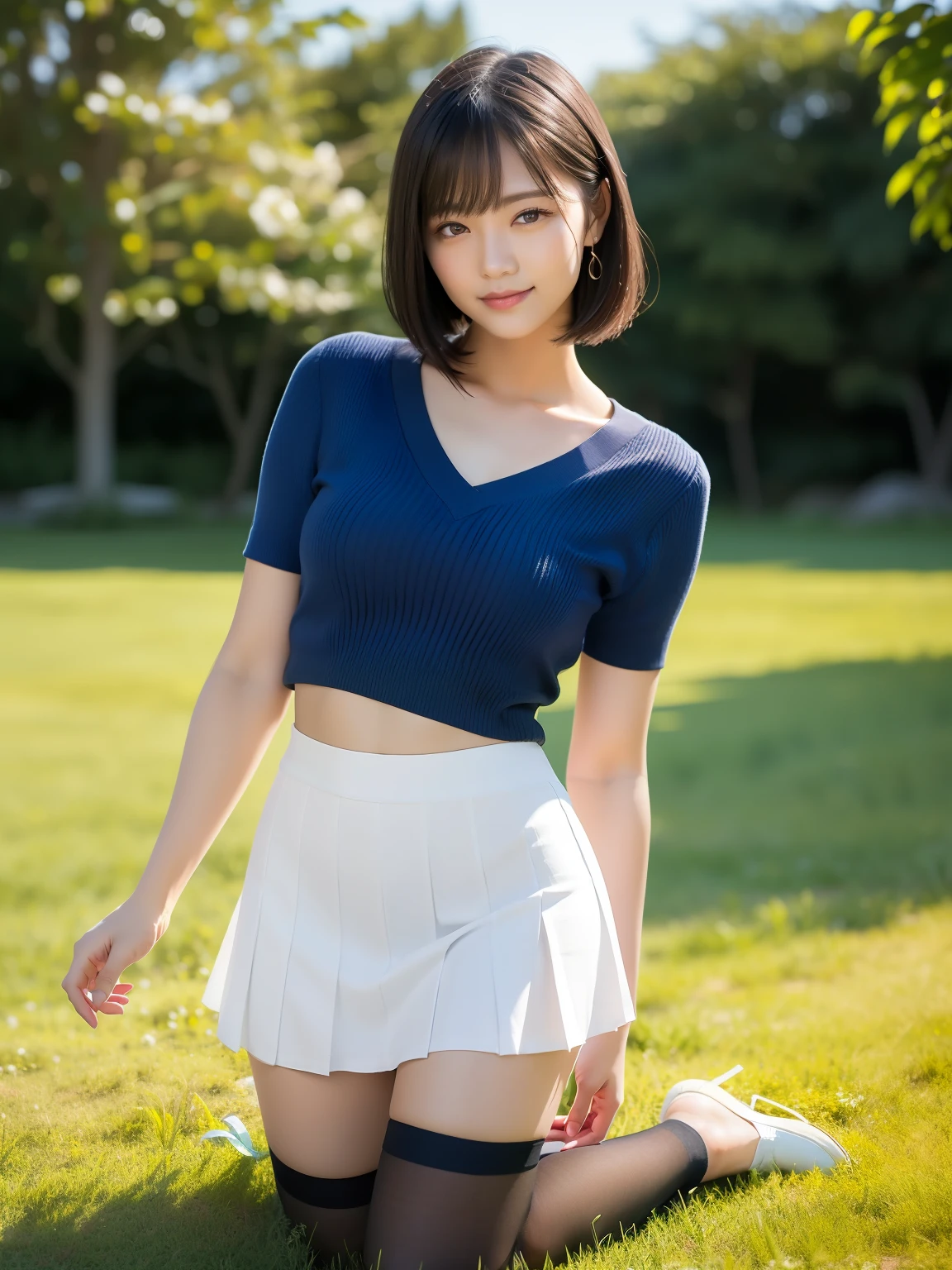 (highest quality:1.5)、(Realistic:1.5)、(1 person:1.5)、Very detailed、High resolution、8k、medium breasts、Natural color lips、Cute Smile、Japanese women、20-year-old girl、Beautiful and elegant face、Perfect and beautiful face、Balanced big eyes、Brunette eyes、Beautiful and elegant face、Natural double eyelids、Natural Bangs、Beautiful thin nose、Beautiful Skin、(Medium Bob Hair)、Natural Bangs、Perfect and beautiful face、Slim face and figure、Summer blue sky、Grass park on the mountain、Look at the viewers、(White short-sleeved blouse), (navy pleated micro miniskirt)、Knee-high socks、Beautiful navel、Open the navel、The navel is visible、(Staring at the camera with a sweet smile)、Bright lighting、Professional Lighting、Forward lighting、Beautiful feet:1.2、Smooth Skin、Slim Body、Slim waistline、slim thin thighs、(Kneeling on the grass)、(Composition viewed from below)、Stand on one knee、(Large ribbon on the chest)、