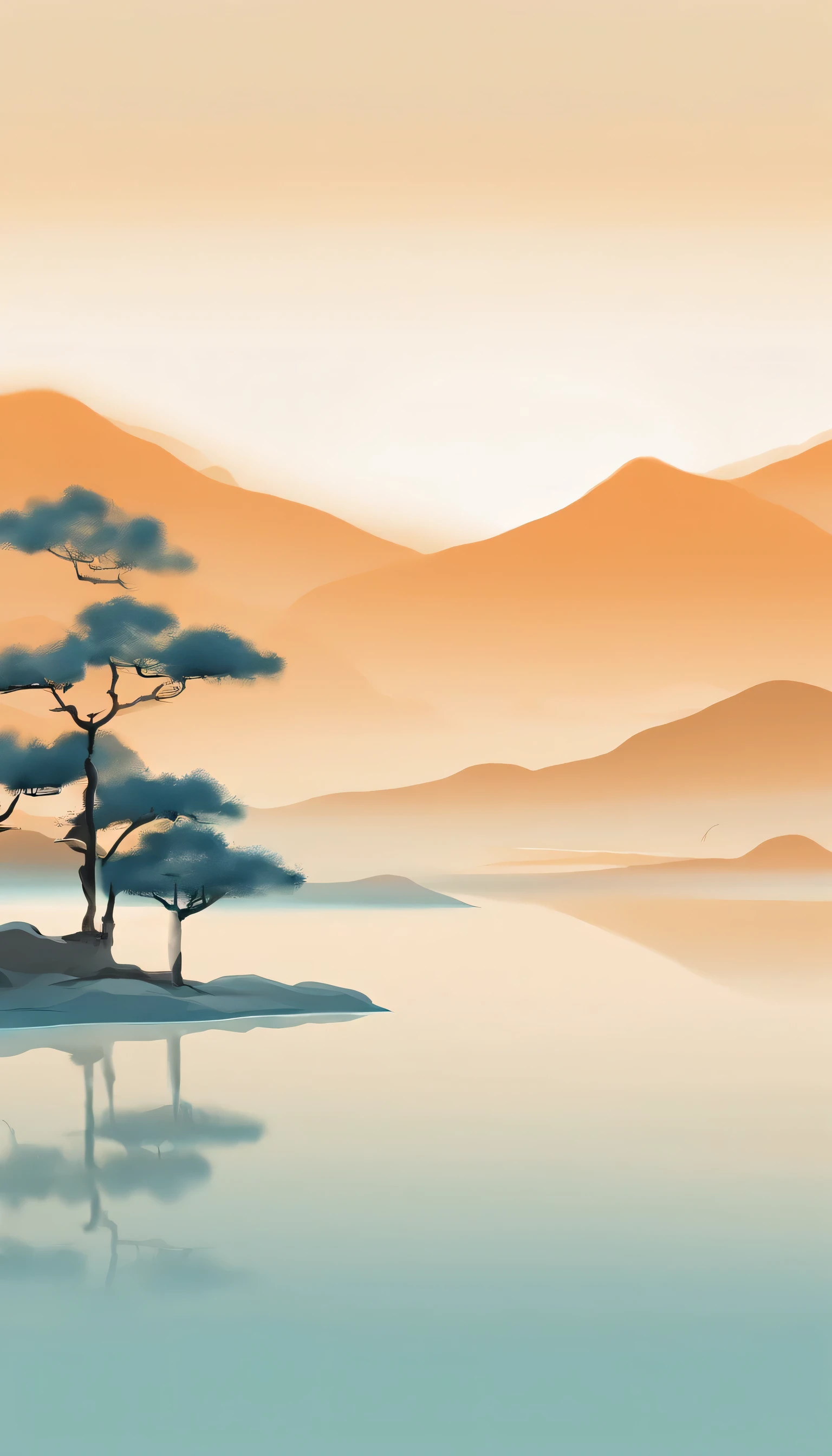 Idyllic Chinese murals, Light orange and light cyan style, Layered Landscape, Ancient Chinese ink painting style art, Large murals, Ricoh FF-9D, Golden Age Aesthetics, Exotic