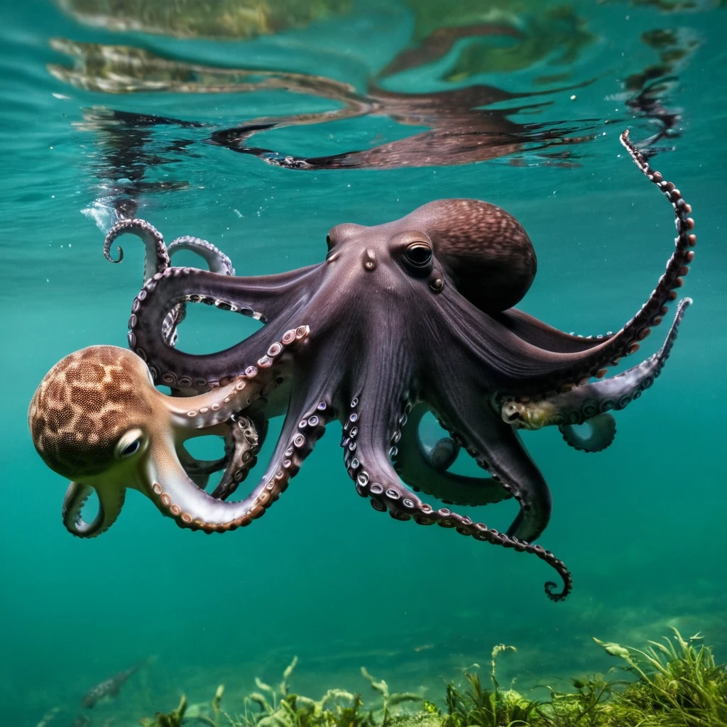 An otter floats on its back, it has caught an octopus and is playing with and eating it