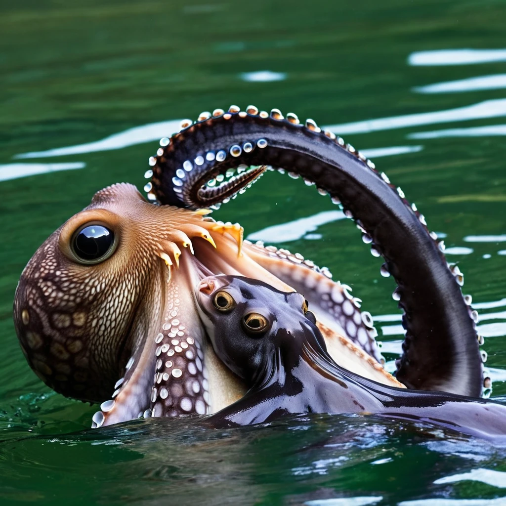 An otter floats on its back, it has caught an octopus and is playing with and eating it