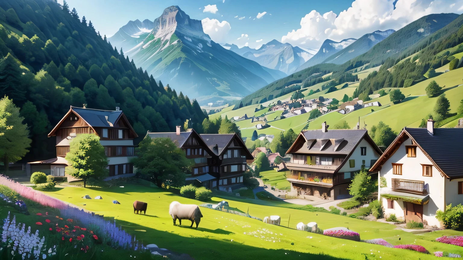 Peaceful and idyllic countryside, Rolling green hills dotted with grazing sheep, Charming villa,Surround yourself with vibrant flowers, clear blue sky overhead, evoke a feeling of calm and simplicity, Charming valley, Switzerland, patches of green fields, Lush countryside, Lush valley,An idyllic village in Milan,,Green fields,Above the village,Undulating terraces,Colorful flower garden,Alpine scenery of Switzerland countryside under the Alps,Carl Chairman Byrne,Magnificent natural scenery, SwitzerlandArchitecture, Beautiful scenery, Rios,waterfall man