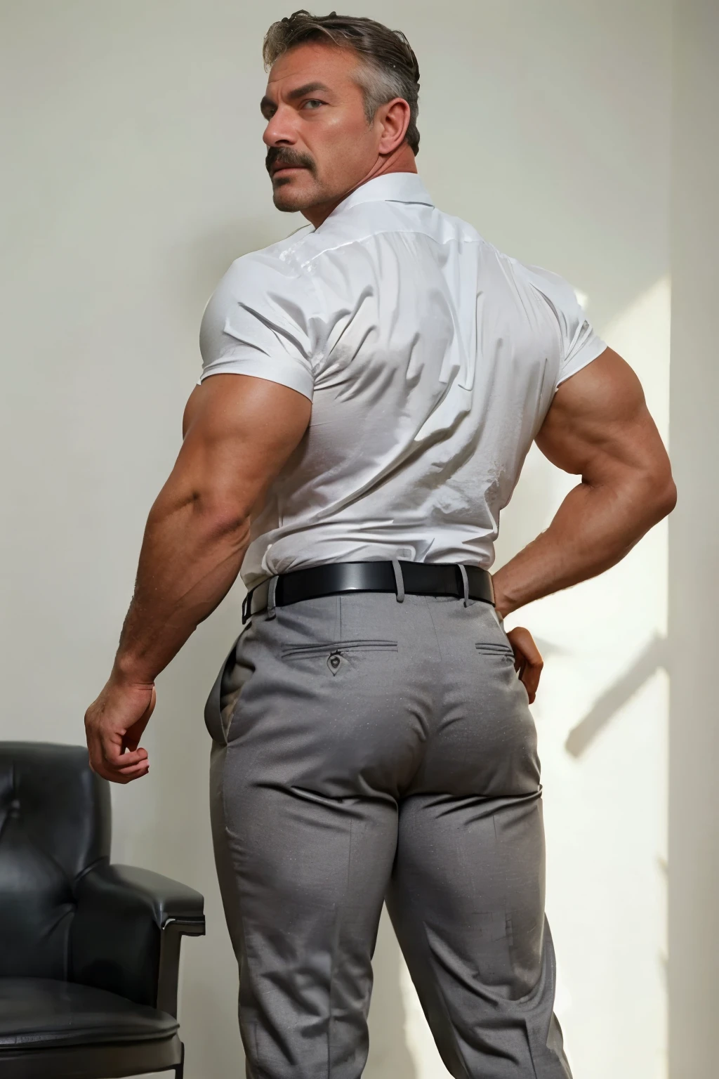 age 60, white man police detective with a mature, backside, kind demeanor, strong and muscular yet chubby build, mustache, wearing dress pants and a buttoned-open translucent shirt that reveals a hairy chest and a noticeable bulge, wearing detective badge on belt, giving off a hint of a horny yet disgusting aura, completing the look with comfortable loafers. Shirtless backside big butt gray trouser