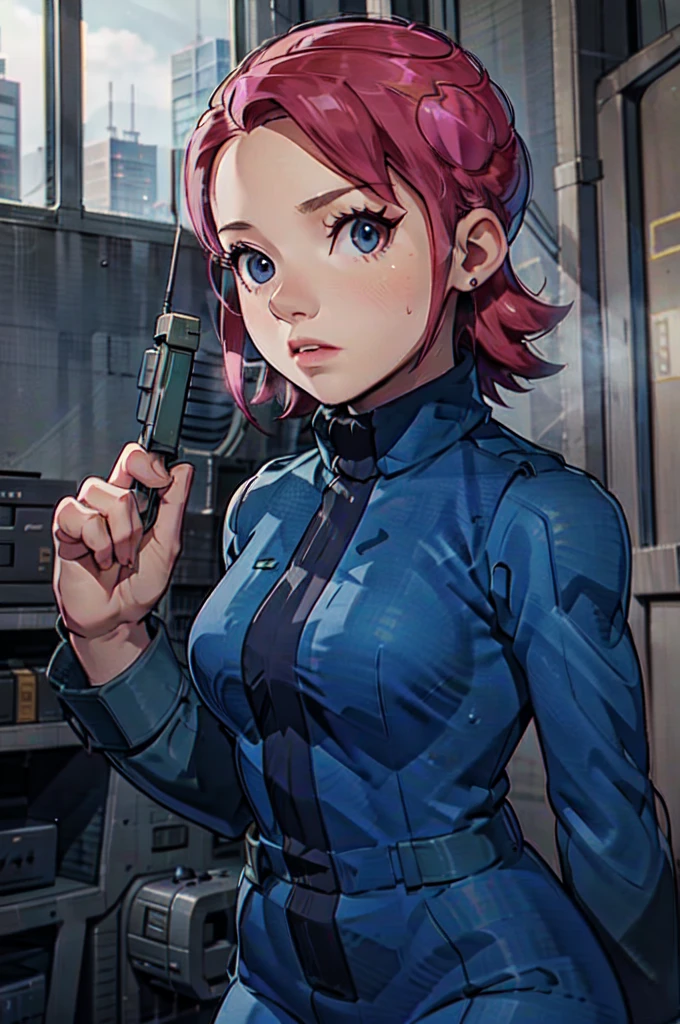 Mayl Sakurai reimagined as a vault dweller, doing maintenance in an underground vault. Her vibrant pink hair stands out against the dimly lit environment. She is a 26-year-old woman dressed in a vault dweller jumpsuit, indicative of her role in the post-apocalyptic world. The jumpsuit is worn but still functional, reflecting the harsh conditions of life underground. Her face is beautifully detailed, with expressive eyes that convey determination and intelligence. Her lips are also well-defined, adding to her overall allure.

In the vault, Mayl Sakurai is seen operating a pipboy, a wrist-worn device that serves as an essential tool and information hub for survival in the vault. The pipboy's screen emits a soft glow, illuminating Mayl's face and casting a subtle green hue on the surroundings. The details on the pipboy, from its buttons to its display, are extremely detailed, showcasing its futuristic design.

The underground vault is filled with mechanical equipment and pipes, emphasizing the importance of maintenance in this post-apocalyptic world. The atmosphere is gritty and industrial, with a hint of mystery and danger. The lighting is dim and has a hint of blue tones, enhancing the underground ambiance.

Despite the grim surroundings, Mayl Sakurai exudes confidence and strength as she jumps into action, ready to fulfill her duties as a vault dweller. Her posture and expression suggest that she is prepared to face any challenge that comes her way.

The image quality should be at its best, with 4K resolution and ultra-detailed rendering, capturing every intricate detail of the scene. The colors should be vivid, emphasizing the contrast between Mayl's vibrant pink hair and the dimly lit environment. The overall style should lean towards a post-apocalyptic concept art aesthetic, blending realism with a touch of fantasy.

In summary, the Stable Diffusion prompt for the provided theme would be:
Mayl Sakurai reimagined as a vault dweller, doing maintenance in an undergr