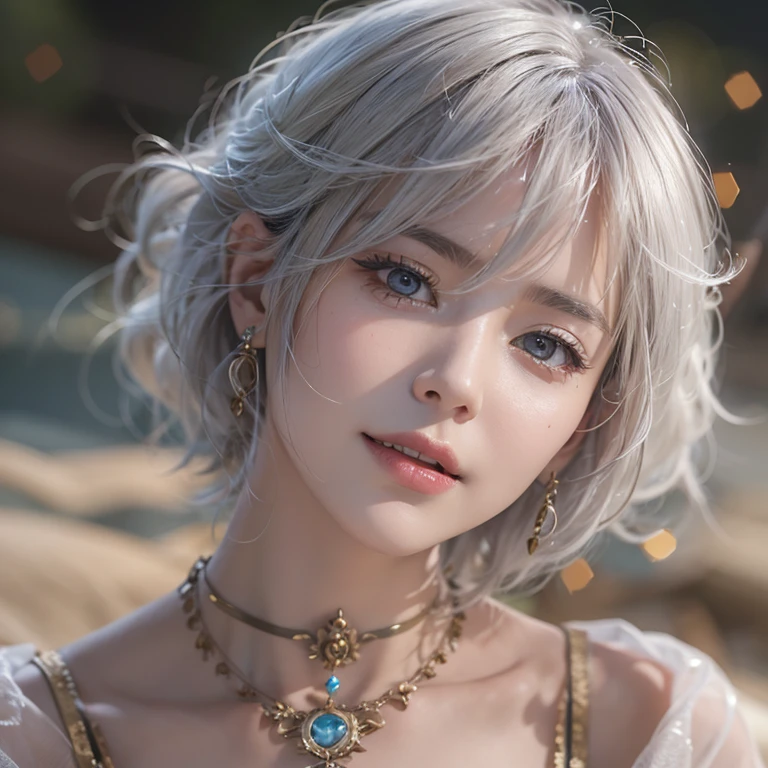 (masterpiece:1.3), (8k, Realistic, RAW Photos, Best image quality: 1.4), Fair-skinned fairy woman、Long Hair、Cleavage:2.0、Highly detailed face、Attention to detail、double eyelid、Chest to Chest、Sharp focus:1.2、Beautiful woman:1.4、Silvery white hair、highest quality、masterpiece、超A high resolution、(Realistic:1.4)、Highly detailed and professionally lit smiles、Loose, Light, steampunk、Shoulder out、thin、Serious expression、Short-haired、Deadly position, one person、whole body,Walking on the beach、Gorgeous Necklace、