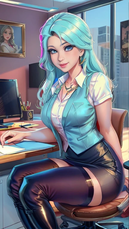 Masterpiece, raw,  beautiful art, professional artist, 8k, art style by sciamano240, very detailed face, very detailed hair, 1 woman, perfectly drawn body, beautiful face, long hair, light blue hair , very detailed blue eyes , rosey cheeks, intricate details in eyes, playful smile, looking directly at viewer , in love with viewer expression, lipstick, jewelry, pantyhose, shirt, vest, pencil skirt, thigh boots, sunny day, sitting on office chair, office setting, full body view, 