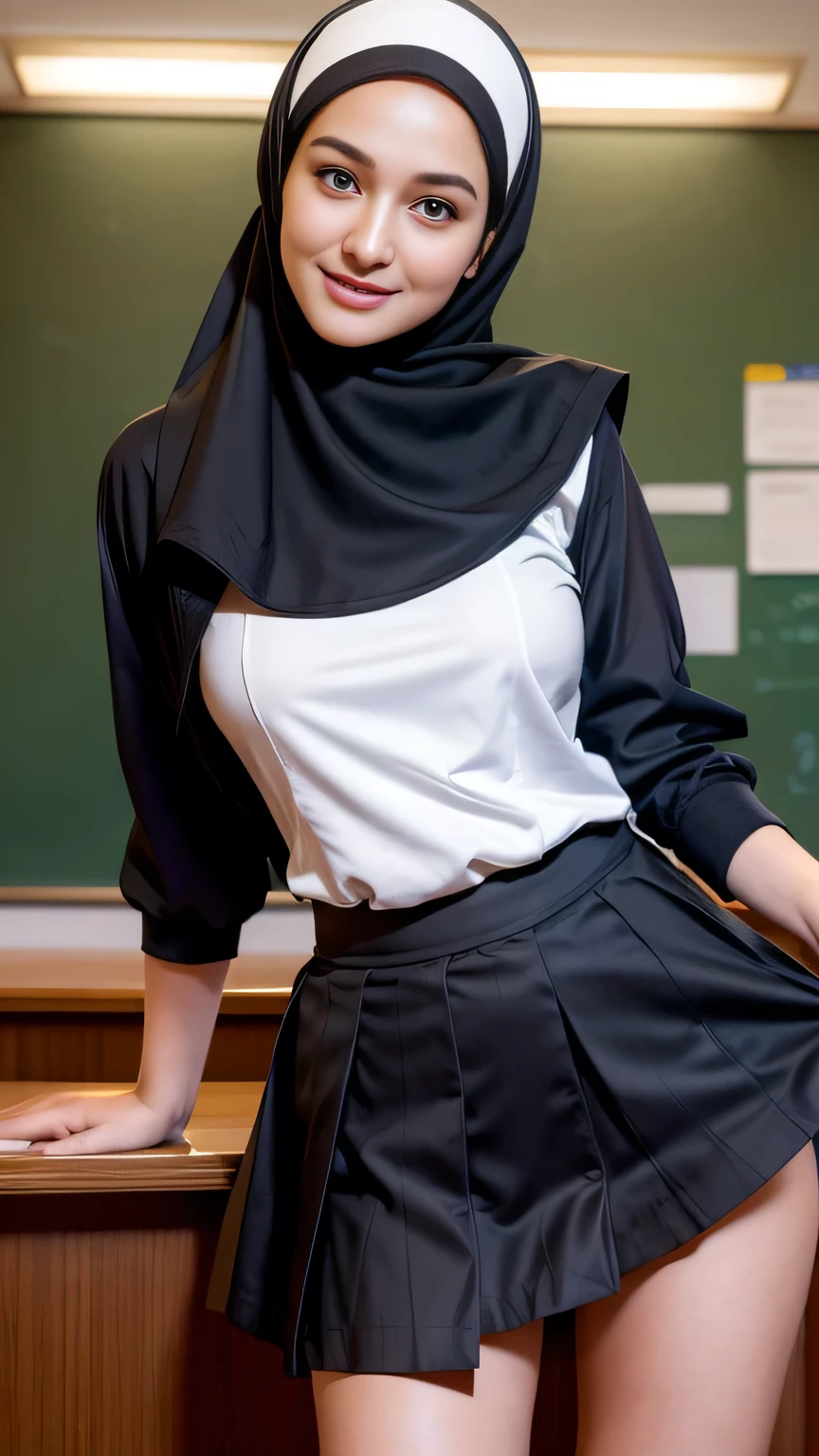Beautiful, cute baby Face, 18 Years old Luna Maya with hijab, cute face,super detailed face,detailed hand,beautiful skin,oily skin,big eyes,profeccional lighting,brown beautiful eyes, big smile,standing, (skirt lift:1.2),big breasts, (sailor suit),(checked skirt), panties, black high socks, spread legs, she is looking at the camera,classroom, from below,
