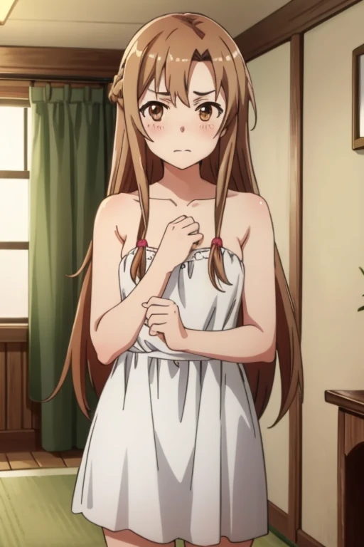 (masterpiece, highest quality), Intricate details, One girl, Yuuki Asuna, KizukiAi, Brown Hair, Brown eyes, Medium chest, Long Hair, Braiding,Embarrassed,naked