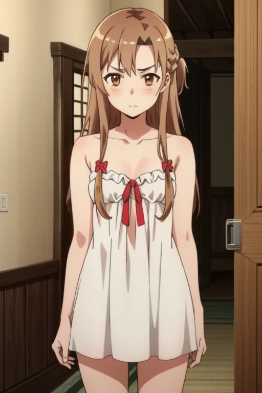 (masterpiece, highest quality), Intricate details, One girl, Yuuki Asuna, KizukiAi, Brown Hair, Brown eyes, Medium chest, Long Hair, Braiding,Embarrassed,naked