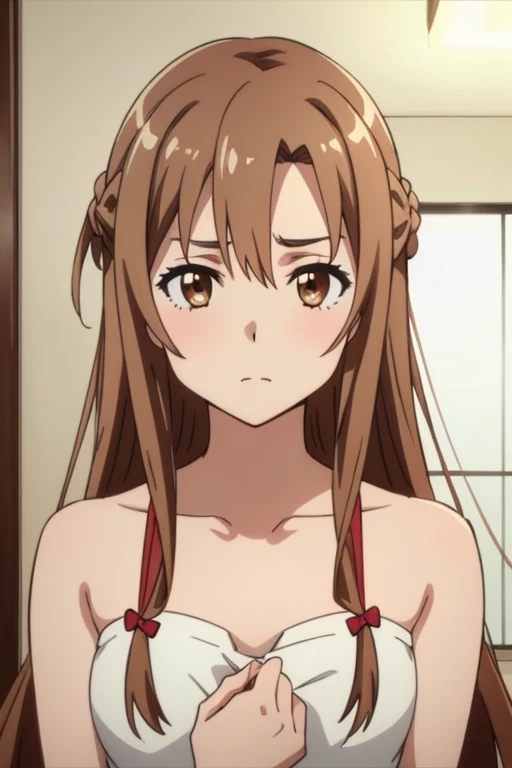 (masterpiece, highest quality), Intricate details, One girl, Yuuki Asuna, KizukiAi, Brown Hair, Brown eyes, Medium chest, Long Hair, Braiding,Embarrassed,naked