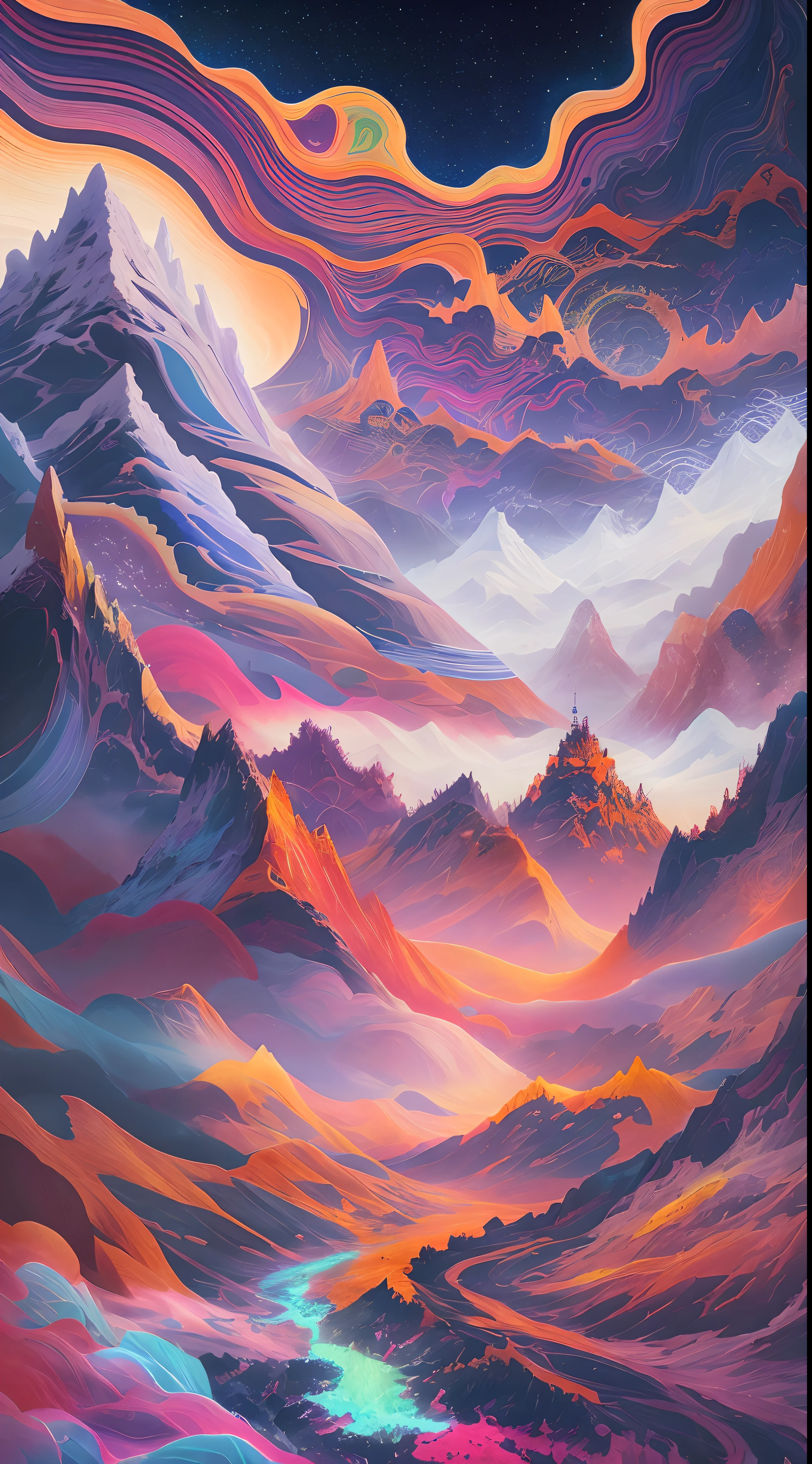 ((A towering snowcapped mountain)),(Best quality,4K,8K,A high resolution,Masterpiece:1.2),Ultra-detailed, [Vibrant colors], [psychedelic patterns], [Sparkling textures], [Abstract shapes], [Unique design], [A mesmerizing glow], [Creative composition],[Dreamlike atmosphere], [Artistic expression], [fantasy surrealism], [futurism aesthetic], [Magical charm], [Psychedelic vibes], [Ethereal beauty], [mind-bending illusions], [electric energy], [Mysterious nature], [lmaginative], [eye - catching detail], [dynamic contrast], [Psychedelic color palette], [Attractive visuals], [Unconventional design], [Mindset expansion], [An unforgettable shock].