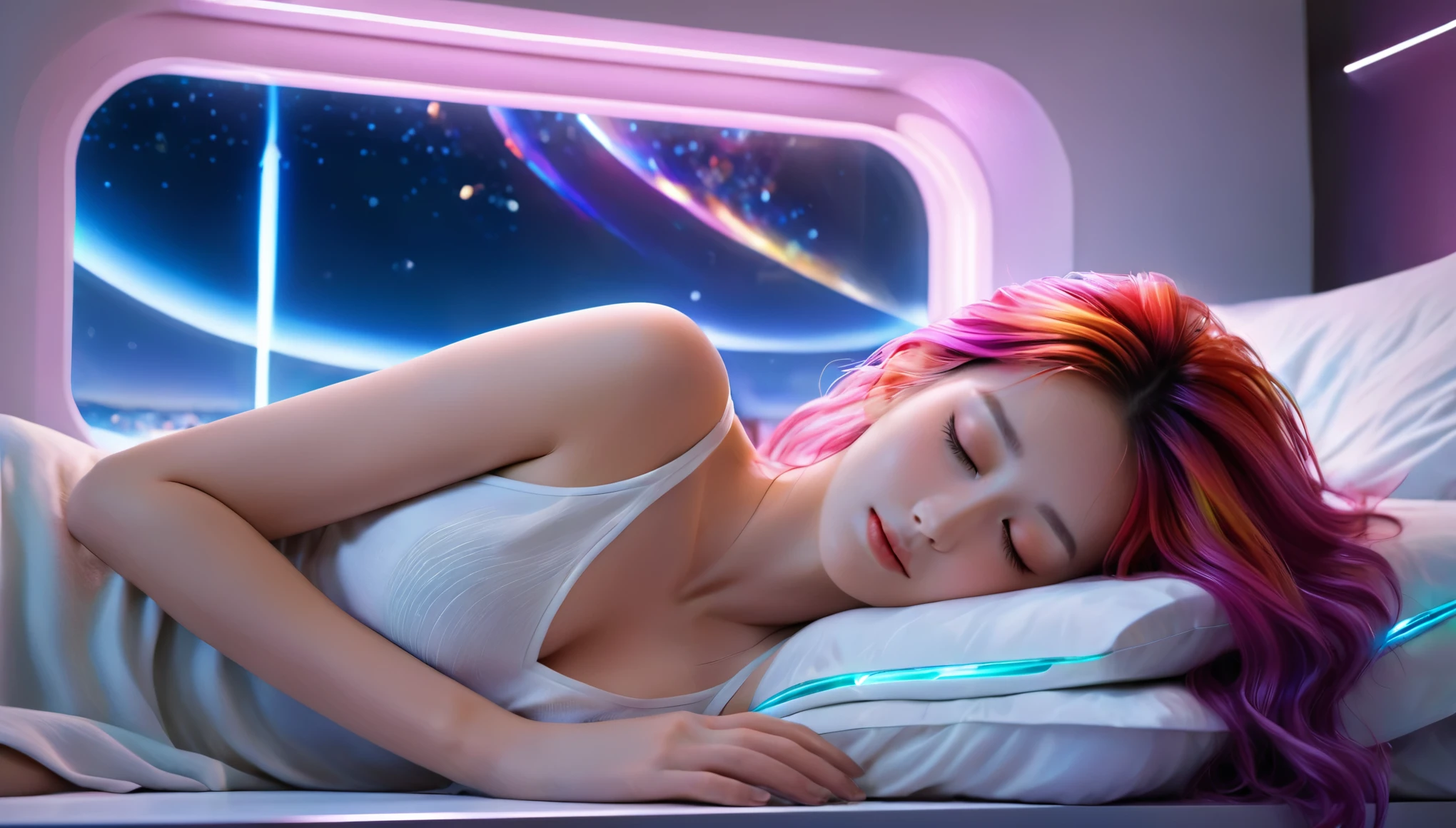 (best quality,8k,ultra-detailed:1.2),(CG,CG art,3D rendering),(masterpiece:1.2),(Crawling on the table),(Sexy clothing),(movie lighting,futuristic),(woman lying in bed,sleeping,closed eyes),(large window behind her,tranquil night),(colorful hair:1.5)