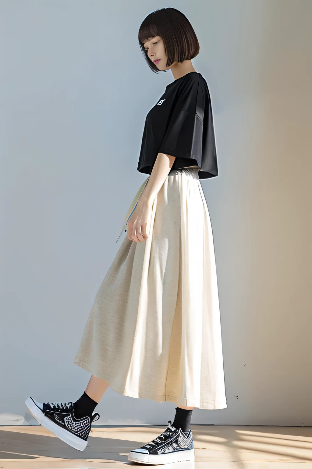 ((highest quality)), ((masterpiece)), (detailed), Perfect Face,maxi skirt,sneakers,Black Skirt,cool,casual,casual clothes,Big white t-shirt,shirt untucked,bob cut,full body,from side