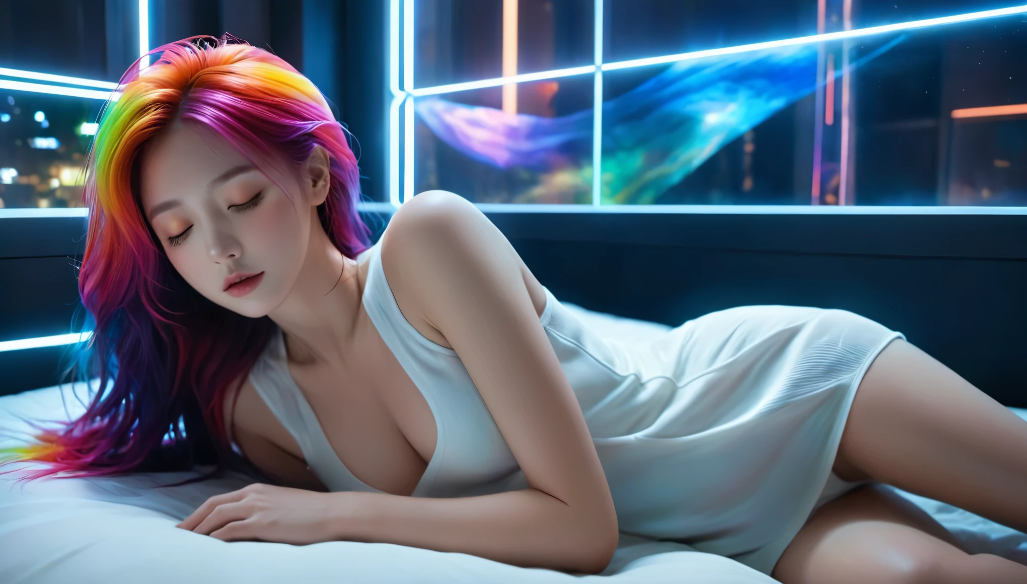 (best quality,8k,ultra-detailed:1.2),(CG,CG art,3D rendering),(masterpiece:1.2),(Crawling on the table),(Sexy clothing),(movie lighting,futuristic),(woman lying in bed,sleeping,closed eyes),(large window behind her,tranquil night),(colorful hair:1.5)