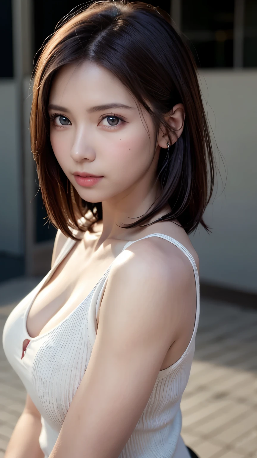 highest quality, In 8K, Tabletop, 超A high resolution, Big Breasts、Photorealistic, 1 girl, Look at the viewers, round neck short sleeve shirt, , (Short Bob), Glowing Skin, One super beautiful female college student, ((Ultra-Realistic Details)), Portrait, Global Illumination, Shadow, Octane Rendering, Super sharp, Very intricate details, Realistic Light, Beautiful Eyes