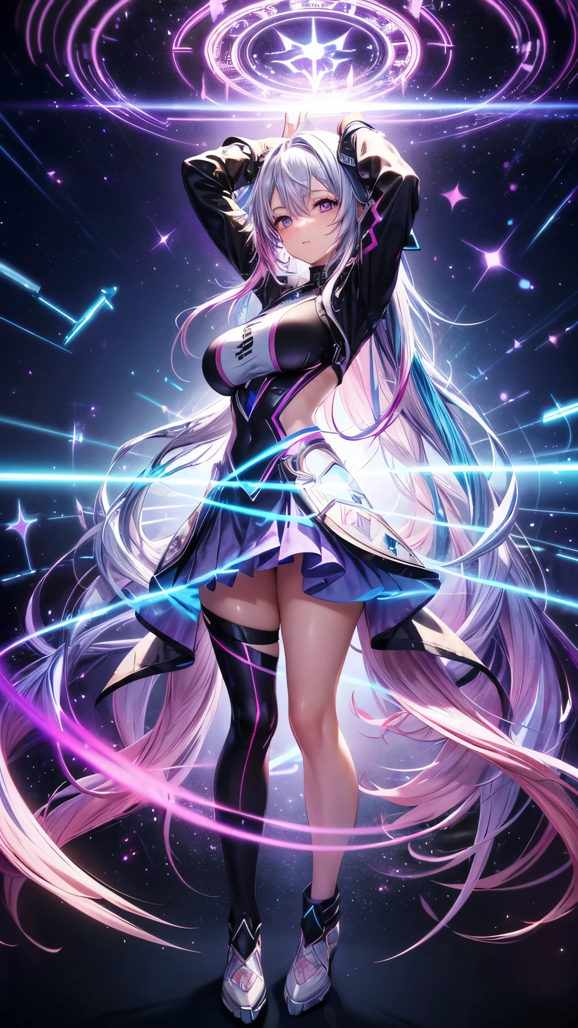 1 girl, one person, (Silver blue hair streaked pink purple:1.4), (Gradient sky blue hair ends:1.6), hair strand, absurdly long hair, single sidelock, wavy hair, shiny hair, floating hair, (Illusion deep purple eyes), delicate eyes, aqua eyes, High like real eyes, ((glowing eyes)), makeup, Focus on face, Very detailed facial, hot body, Random environment, Random pose, on the street, looking at the starry night sky, meteor, Technical clothing masterpiece, White extra long skirt, universe, several cross stars beside, Colored lights swirl around the body, (((Extra super huge colorful extra super complex multiple glowing magic circle upright on the back of the head))), cyberpunk, full body shot, realism anime, chiaroscuro, (glowing light), sparkle, ray tracing, cinematic lighting, Futurism, motion blur, perfect transition, god rays, atmospheric perspective, best quality, UHD, super detail, masterpiece, highres, ccurate, retina, Octane Render