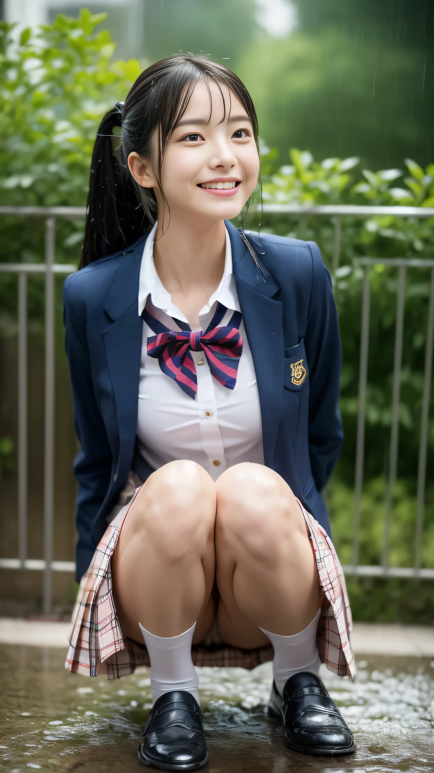 (((Attention to detail,The perfect female body、masterpiece,Attention to detail))),Long sleeve,Jacket1.5,High socks1.5,Loafers1.5,Panty shot1.5,Sitting with Knees Up on seat ,spread legs,crawling position on their hands and knees:1.5,((skirt lift:1.3)),Asian woman in uniform, Realistic Young Gravure Idol, Surreal school girl, Japanese , Japanese girls uniform、blazer, Checkered pleated skirt、Girls' 、Surreal school girl,Young and cute gravure idol, Wearing Japanese, Young Sensual Gravure Idol, Young Gravure Idol, A high school girl who is beautiful and innocent when she smiles,My whole body is wet,Dripping,Blushing,Beautiful girl with beautiful legs,Beautiful woman natural light、My whole body is wet,Light clothing,loafers,ponytail,Black shiny hair,Wet hair,dripping water,Dripping,,Make a troubled face,Sit on a chair、Sit on a bench、Stand with your feet shoulder-width apart:1.3、The gesture of adjusting socks:1.3、Knees up:1.3、The skirt rises and the panties are visible、White panties:1.3、Between the thighs:1.3、The labia majora is wet、Looking up at her from below:1.3、Perfect anatomy、16 year old beautiful girl:1.3、((Guerrilla rainstorm、My body got wet in the heavy rain、My shirt is wet and my skin is visible、You can see through the bra、My skirt is wet and clings to my skin、Feels good))